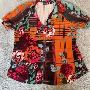 New York & Company Multicolor Floral Plaid Blouse